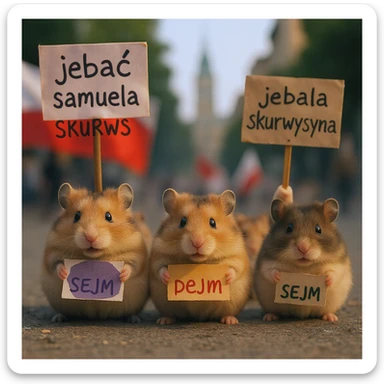 Cinematic shot of a group of hamsters takes over polish sejm. some of them has signs with "jebać samuela skurwysyna". sticker