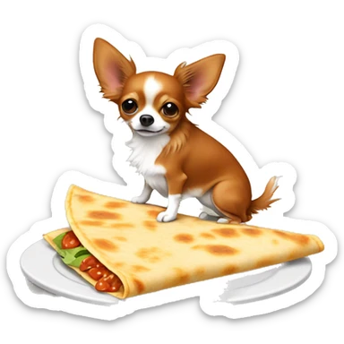 Long-haired reddish brown Chihuahua with white markings eating quesadilla sticker