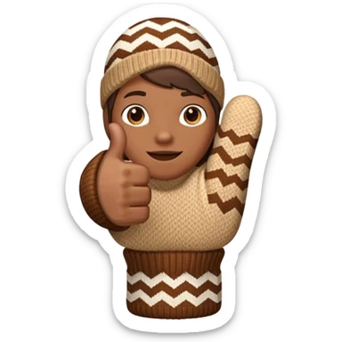 thumbs up fist, hand only, brown knit mitten with zig-zag beige pattern sticker