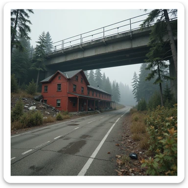  a screenshot of a location in a videogame  the image of the scene consists of:  [above-ground vacant train freeway partially collapsed], a red 1980's construction mansionesque wooden motel painted red, surrounded by war-torn pollution wreckage, wooded area sticker