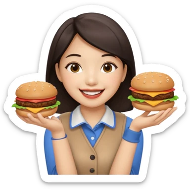 create a humongous asian girl with 2 burgers and a cookie in her mouth sticker