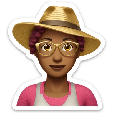 45-year-old Dutch woman with dark red colored short hair, pink sweater and gold glasses wearing beach hat sticker