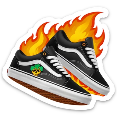 Vans shoes black skate and fire in front logo write irish khan on fire sticker