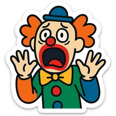 cartoonish figure with clown face, wide open mouth, eyes full of terror, screaming sticker