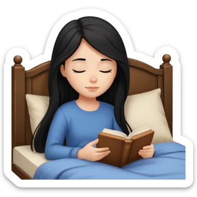 Girl black long hair reading book sleepy bed sticker