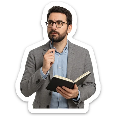 Mediterranean man, sociologist, with a beard and glasses, dressed in semi-formal clothes, holding a pen and notebook, thoughtful pose sticker