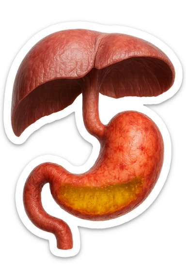 stomaco umano anatomico infiammato con acido giallo all'interno fluttua in aria insieme ad un diaframma umano, iperrealistico 4k, isolato su sfondo bianco sticker