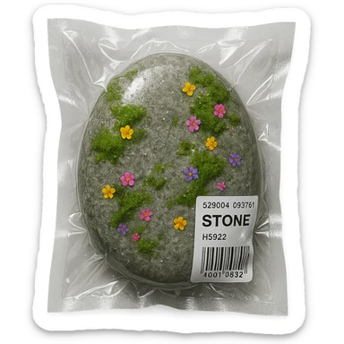 smooth light gray stone with patches of moss and scattered small colorful flowers, glossy sticker