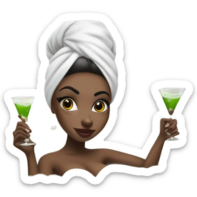 Girl with white towel wrapped around hair and cucumbers on eyes with manicure  holding a martini glass and bottle in black high heels kicking feet out in bubble bathtub  sticker