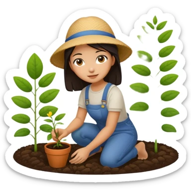 Asian girl planting in a garden sticker