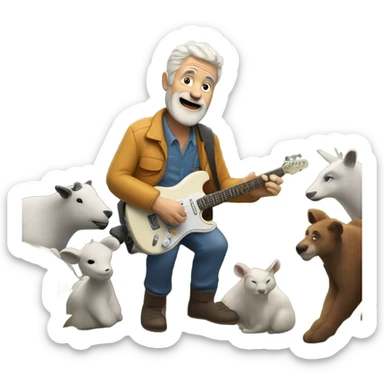 60 year old white man playing electric guitar from a mountain with animals watching sticker