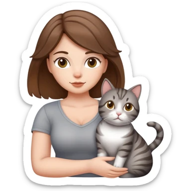 Hot curvy girl with super cute cat, she is white with brown hair, the cat is a grey tabby sticker