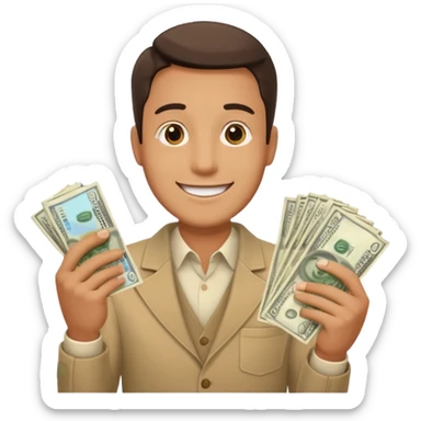 a happy man holding a stack of cash, representing earning $5000 sticker