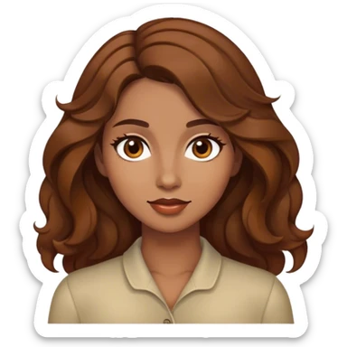 Her deep brown eyes shine with warmth, framed by long, dark lashes that enhance their gentle expression. A soft flush colors her cheeks, complementing her smooth, olive-toned skin. Her full lips curve into a sincere, inviting smile, revealing a hint of dimples. Wavy chestnut hair cascades over her shoulders, catching the light with rich, warm tones. Her well-shaped brows arch naturally, adding to the quiet confidence in her gaze. sticker