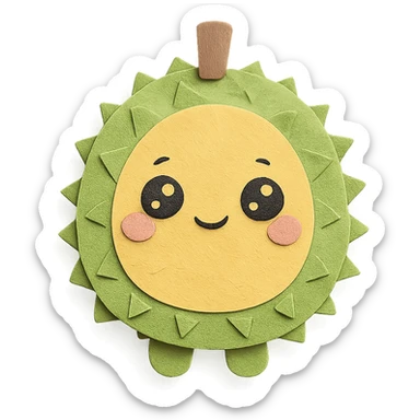 chibi style soft fluffy round durian character with green spiky shell and yellow flesh, blushing and shy with sparkly eyes, pastel tones, full-body sticker