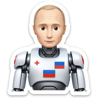 Futuristic robot with Vladimir Putin features and Russian flag colors sticker