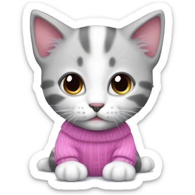 Cute kitten white and grey wearing pink and purle sweater sticker