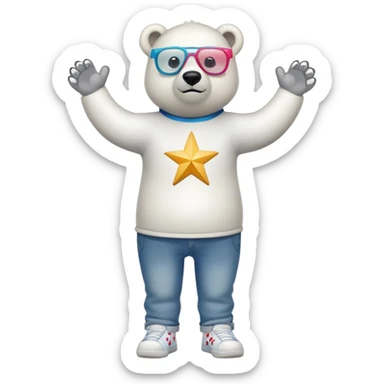 friendly anthropomorphised polar bear standing upright, looking chilled and unbothered, wearing a shirt, jeans, trainers, oversized colorful star glasses sticker
