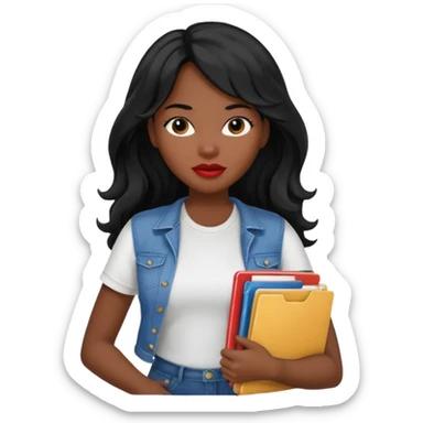 A young woman with long black hair, a wavy frange falling on half of her head. There's a long wavy stretch of hair falling on the side of her head. She's black, medium to dark skinned with thick lips. She's holding folders, and she's a CEO, but she's wearing casual clothes. sticker