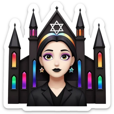 jewish synagogue temple in dark goth aesthetic style with black building and rainbow tint glass windows and star of david and celestial symbolism of peace and acceptance  sticker