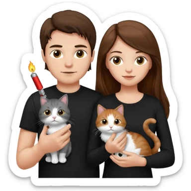 The man is wearing a black shirt and the women is wearing a black top and has longer hair. The cat is lighter  sticker