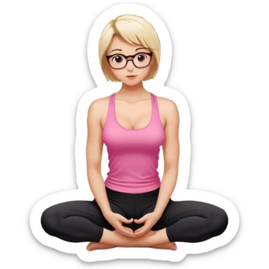 View from knees up, view from quarter angle, fair skinned woman, thick milf, short blond hair, small reading glasses, squatting down in kitchen, pink loose tank top, showing natural B cup breast shape SFW, black yoga pants, large curvy booty sticker