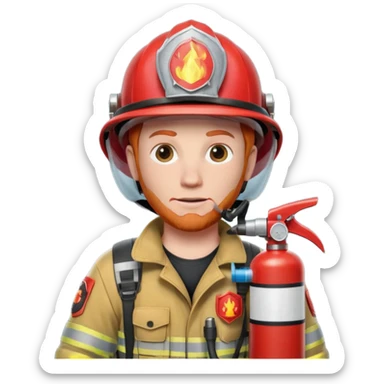 red haired Firefighter with respiratory protection with fire extinguisher sticker