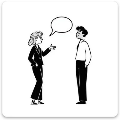A blonde woman in a black suit talking to a brown-haired man in a white t-shirt. The woman has a speech bubble above her head. The woman is talking and the man is smiling. sticker