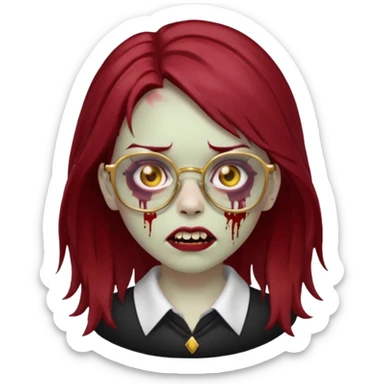 A zombie girl with dark red mid length  hair with golden grills and glasses sticker