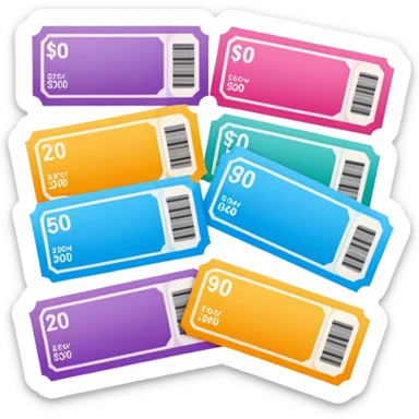 Create blank lottery coupons fanned out, clean and colorful, with different header colors and simple grid sections. No numbers, no text—just empty fields and a lottery-ticket layout. Bright, modern, and on a neutral background. sticker