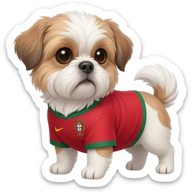 white and light brown shih zhu wearing a Portugal soccer jersey v neck 2026 work cup sticker