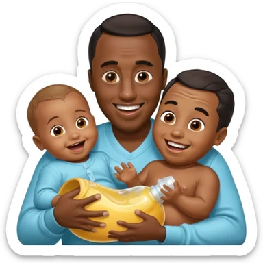 Sean “Diddy” Combs with baby oil and a very small infant and he’s pouring the baby oil on the infant that is laughing with a very exaggerated expression sticker