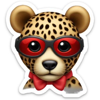 The teddy bear's muzzle is in leopard colour and the bow around the neck is red with black goggles sticker