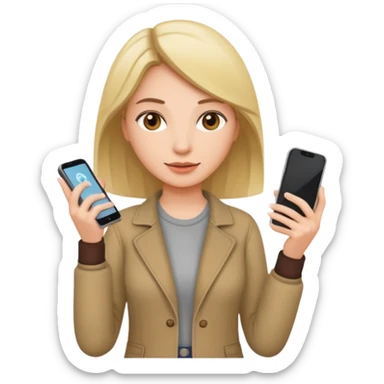 woman casual clothes holding one phone in one hand sticker