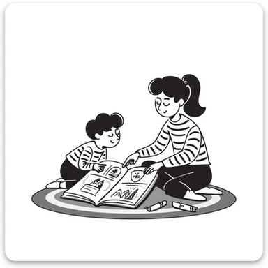 educator or speech therapist with child, who helps child with lessons sticker