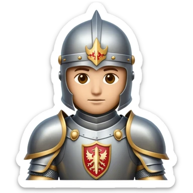 Clash of Clans aesthetic friendly Knight Portrait Emoji, With a noble, armored build featuring a gleaming suit adorned with intricate heraldry and a determined gaze behind a visored helm, his face rendered in a natural skin tone (not yellow), Simplified yet dynamic features, highly detailed, glowing with a cool, steely radiance, high shine, courageous and resolute, stylized with an air of chivalric valor, focused and stalwart, soft glowing outline, capturing the essence of a valiant knight ready to charge into epic quests with honor! sticker