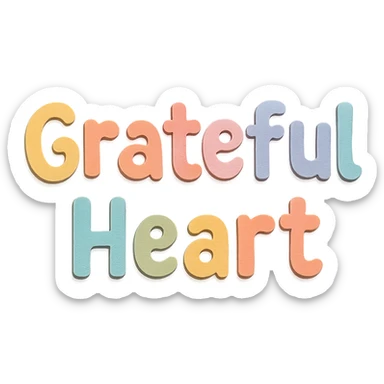 Cute hand-drawn font "Grateful Heart" in soft pastel rainbow soft puffy lettering, no outline, transparent background sticker