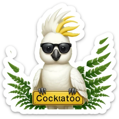 sulfer crested cockatoo wearing sunglasses sitting in a green fern tree with an australian street sign saying 'cockatoo' sticker