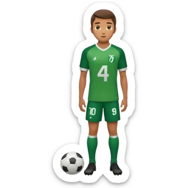 Apple iOS style 20-23 year old soccer player standing full body, green jersey #4, glossy finish sticker