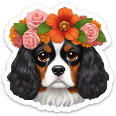 Give a flower crown to a cavalier king charles like frida kahlo sticker