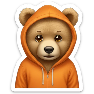 A cute beige teddy bear wearing an orange hoodie. His eyes are black sticker