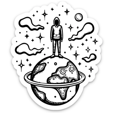Hooded figure on cosmic earth surface, psychedelic patterns and energy flowing beneath, surreal sky above sticker