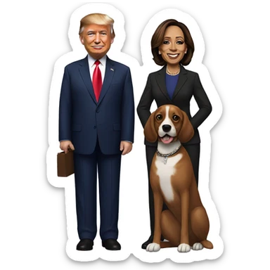 Donald Trump and Kamala Harris holding a dog sticker