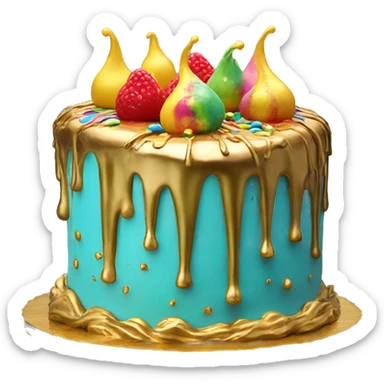 Realistic isolated colorful cake with metallic gold icing dripping from top and all down along the cake sticker