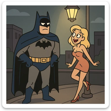 Batman and a woman in a short dress and high heels, cartoon style, under a streetlight, playful and non-explicit sticker