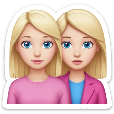 Blonde girl with blue eyes and Brunette haired girl with blue eyes wearing pink sticker