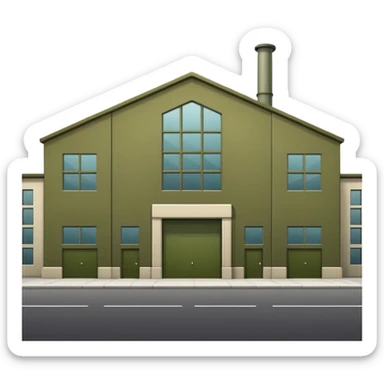 minimalistic industrial factory building, military olive green color, large windows, industrial doors, no smoke, visually appealing, no weapons, no vehicles, not a house sticker