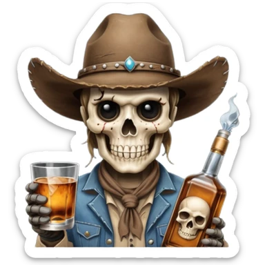 A rough and tumble cowboy with a 6 shooter and a bottle of whiskey. From the view of a bird looking down on the cowboy. Make the graphics dark and gritty in the style of your beeding skull art. Just a skull with a cowboy hat this rime sticker