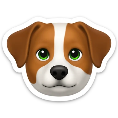 Crea un emoji de un perrito marrón con blanco con las orejas puntiagudas pero caídas y de ojos verdes sticker