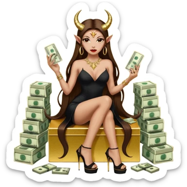 Sensual seductress long brown straight haired sexy drug lord woman with  glitter platform high heels on her feet,  and devil black horns on her head, holding a stack of cash, has a phone in other hand. Sitting on gold cases full of drugs, long black dress with sexy slit sticker